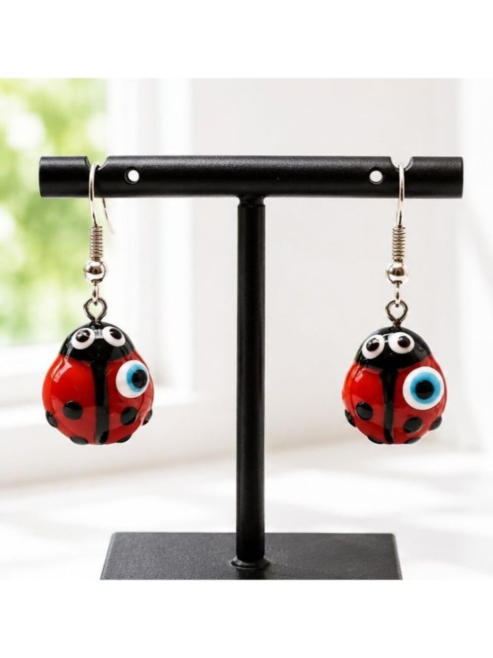 Vintage Ladybug Glass Bead Dangle Earrings with Evil Eye Charms